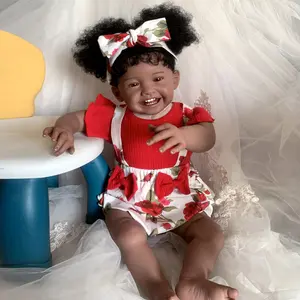 GUESSBELLY 24inch/60cm Dark Brown Skin Cloth Body Reborn Baby Girl Doll High Quality Toddler Doll With Rooted Hair Gifts