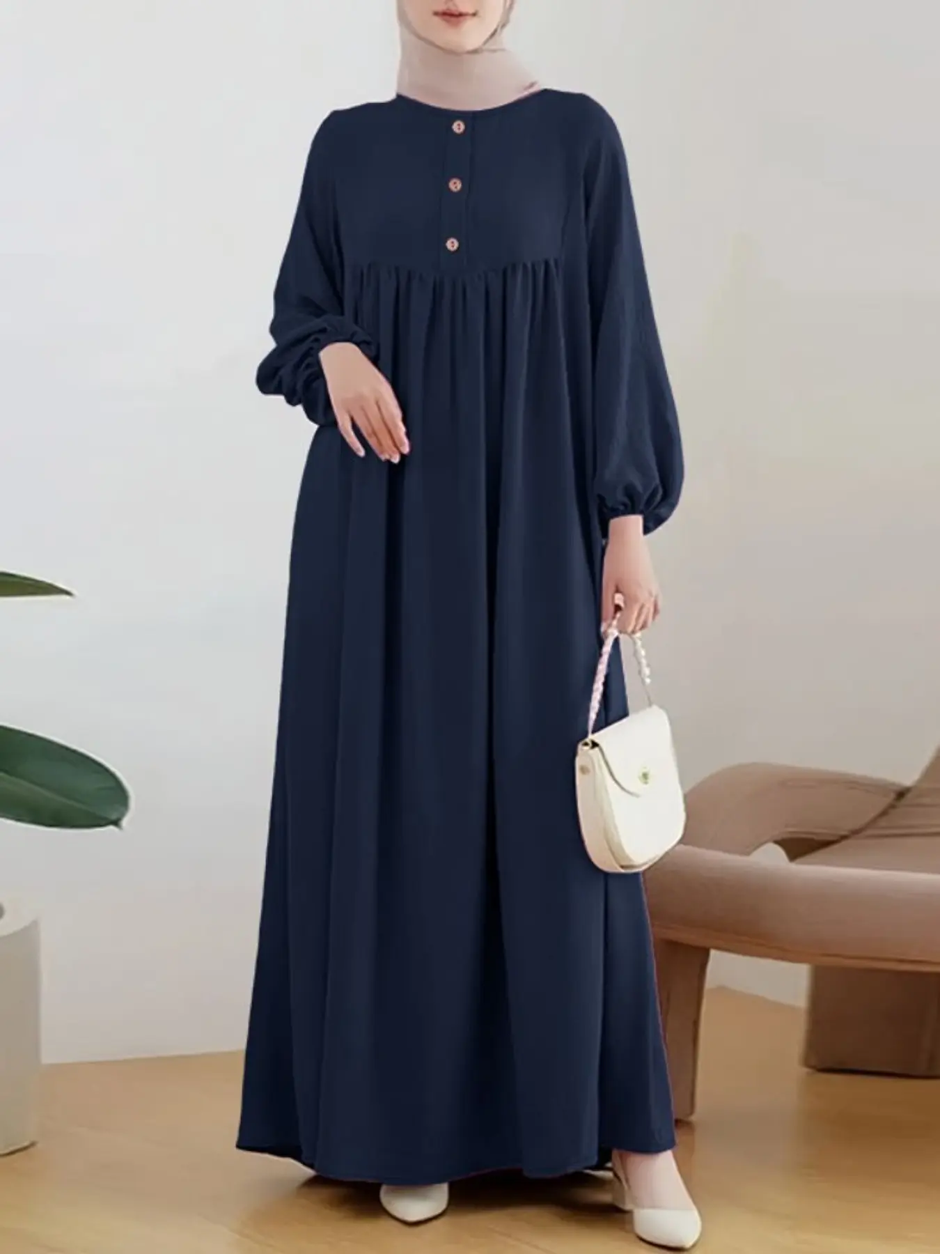 Women's Round Neck Long Sleeve Lantern Dress, Casual Loose Fit Plain Color, Long Length, Modest Style Dress, Perfect for Daily Commute and Parties, Classy Modest Solid Color Dresses, Modest Clothes