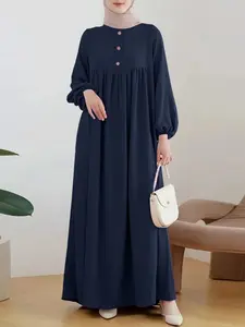 Women's Round Neck Long Sleeve Lantern Dress, Casual Loose Fit Plain Color, Long Length, Perfect for Daily Commute and Parties, Classy Modest Solid Color Dresses