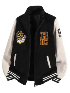 Men's Vintage Patchwork Fleece Baseball Jacket, Soft Touch Polar Fleece, Warm for Fall Winter, Casual Streetwear