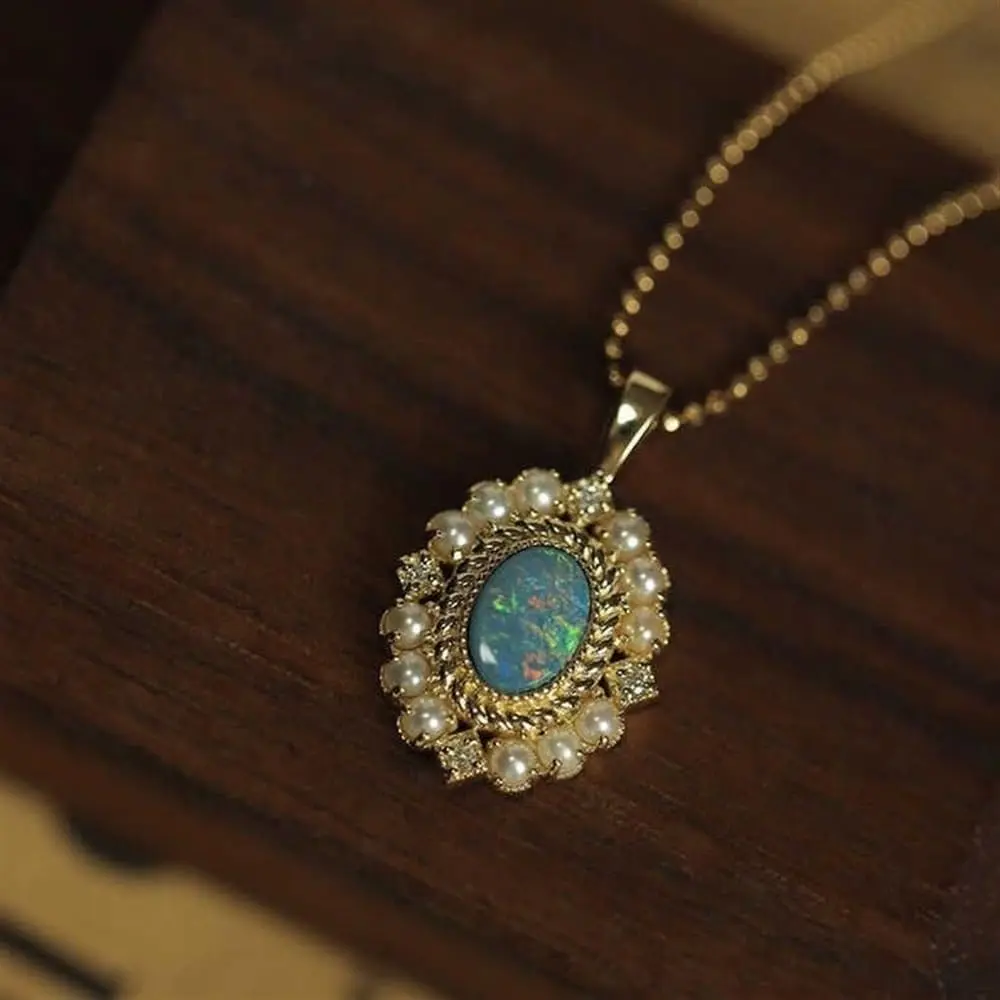 Opal 925 Sterling Silver Pearl Necklace,Blue Opal Cubic Zicronia Birthstone Dainty Necklace For Women