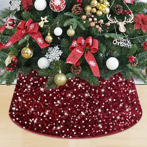 Christmas Tree Stand Base Sequins Christmas Tree  24 Inch Burgundy Shimmer  Tree Stand Cover Sparkling Tree Skirt Christmas Decorations Maroon Xmas Tree Base for Xmas  Party