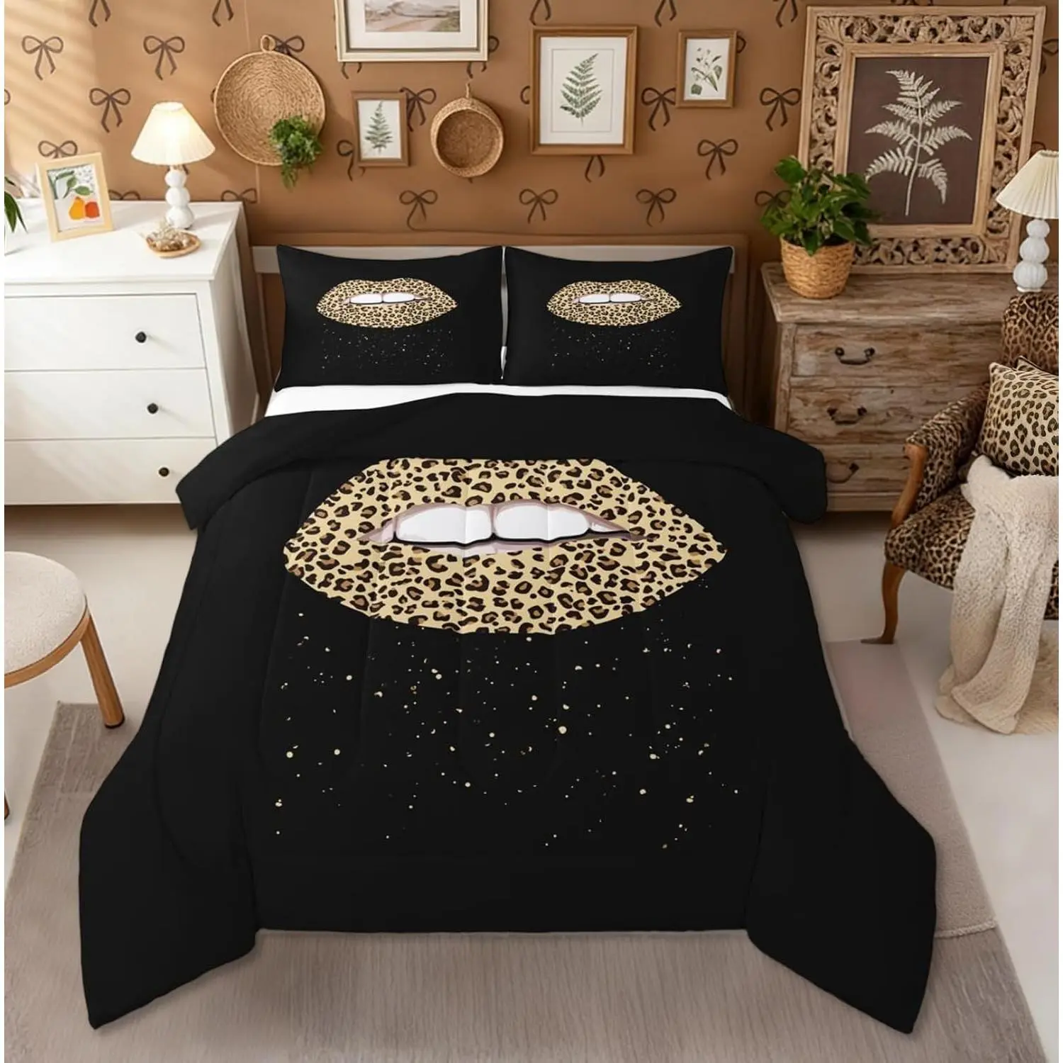 Cheetah Lips Comforter Set,Leopard Print Mouth Bedding Set for Kids Teens Adult Brown Black Sequins Comforter Romantic Valentine Duvet Insert Safari Wildlife Fur Print Quilt