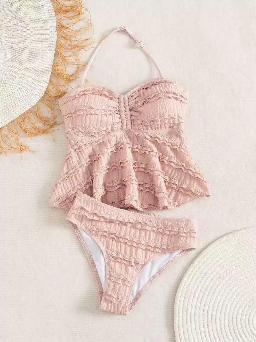 Girls' 7-16 Years Solid Color Jacquard Polyester 2-Piece Swimsuit - Kids' Teen Summer Beach Bathing Suit Set, Sizes 11-12,13-14,15-16, Two Piece Swimsuit