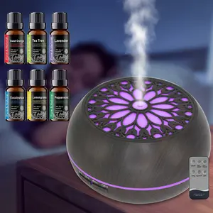 550ml Cool Mist Smart Humidifier - 1x Scented Diffuser with 6 Aromatherapy Oils, Remote Control, Custom Timer, RGB Color Changing Lighting, Wood Grain Design, USB Port, 12+Hr Runtime, 1h Setting, Modern Home Bedroom Decor