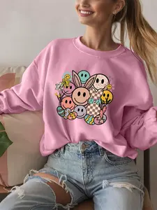 Women's Easter Egg Print Crew Neck Pullover, Casual Floral & Smile Face Print Sweatshirt for Daily Holiday Vacation Outdoor Wear, Ladies Clothes for Fall & Winter