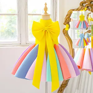 3-8Y Kids Clothes 6110 Yellow Flower Girls Ball Gown Big Bow Pageant Performance Frock Colorful Children Elegant Princess Prom Host Birthday Formal Evening Party Banquet Dresses for All Season