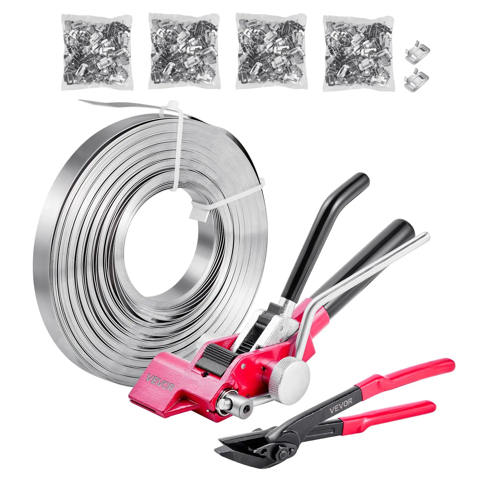 【Summerfinds】VEVOR Heavy Duty 0.7 mm Stainless Steel Banding Strapping Kit, Ergonomic Tensioner Tool, 4 Rolls 400 ft Rust-Resistant Straps, 400 Metal Clasps, 12.2x2.4x1.8 in, Labor-Saving for Heavy Bundling, Outdoor Building Materials, Transportation, 39.