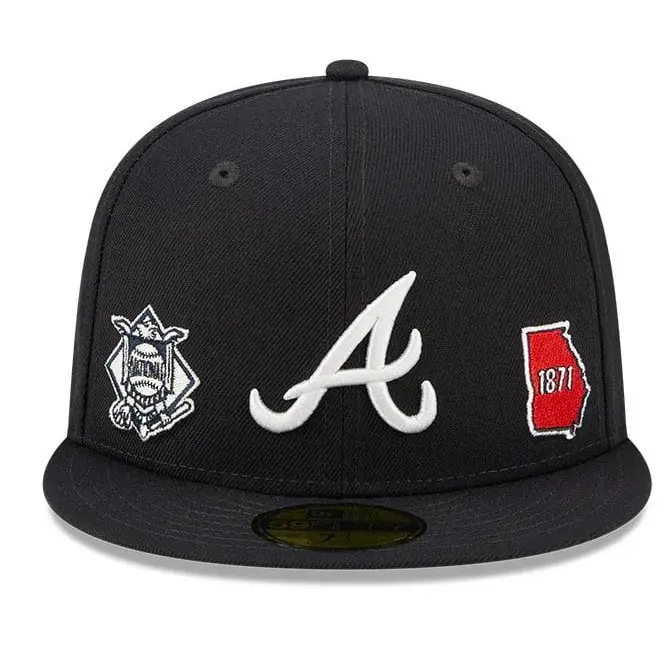 New Era Atlanta Braves MLB 59FIFTY Fitted Cap Black Flat Brim Embroidered Atlanta Braves A Logo Atlanta Crackers Side Patch Georgia 1871 Patch Baseball Hat Streetwear Urban Fashion Unisex Limited Edition Collectible Fan Cap