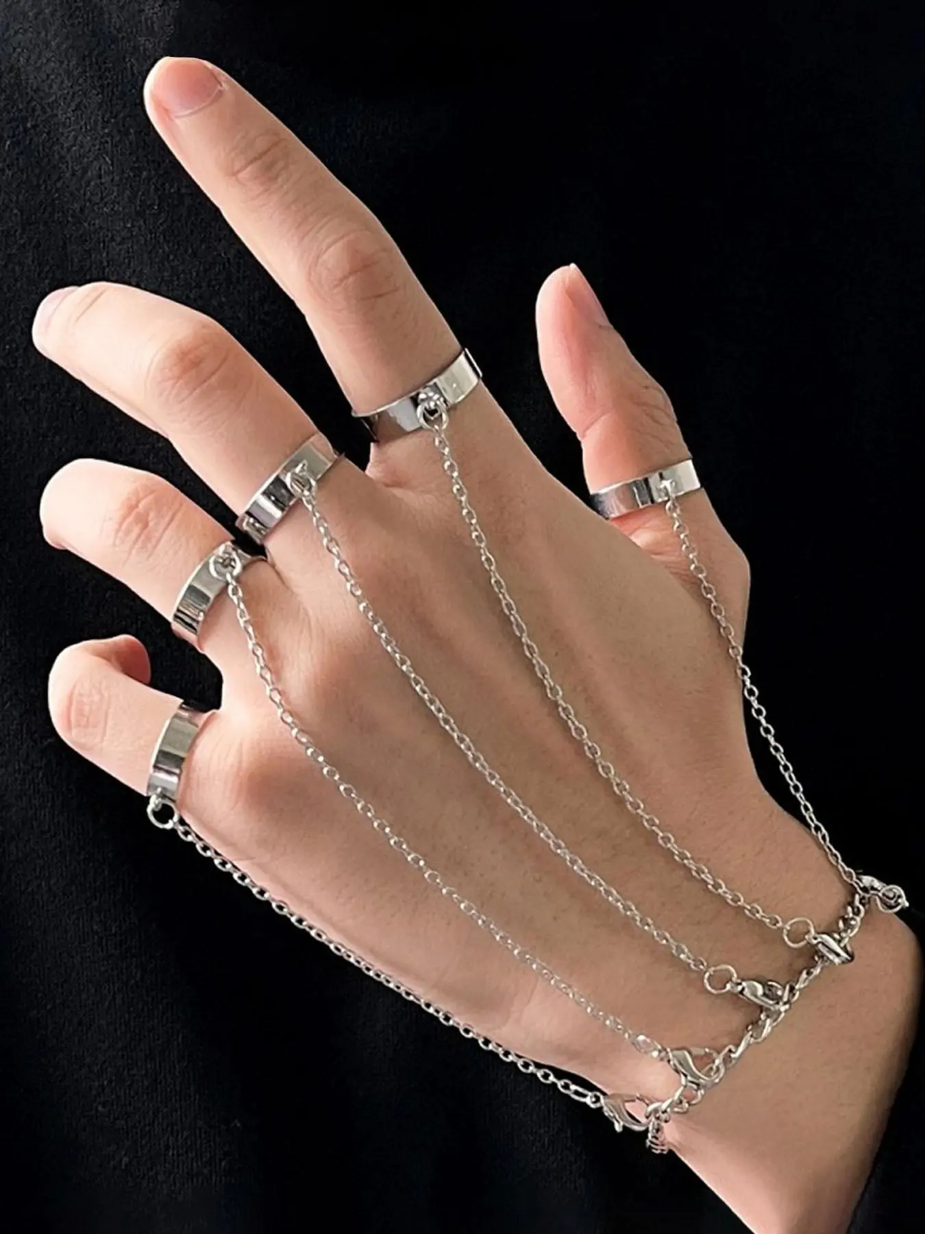 Hip Hop Punk Creative Chain Bracelet Ring Set, Unisex Casual Bangle, Hand Chain, Plain Design, All Seasons Jewelry, Zinc Alloy Material, Bangles Bracelets Set