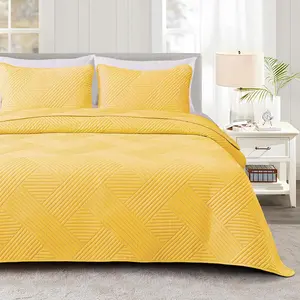 Quilt Set, Soft Lightweight Quilts Bedspreads Coverlet with Embossed Pattern, Bedding Sets with 2 Pillow Shams, Reversible Bed Cover for All Seasons, 96x90 Inches,Yellow