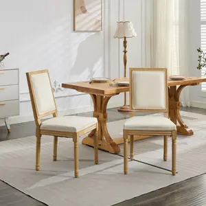 Toauuo 2-Pack French Louis Dining Chairs, Beige Linen Upholstered Chairs with Square Backrest, Carved Solid Wood Frame & Rattan Back, 300LBS Accent Chairs for Living Room Kitchen Restaurant