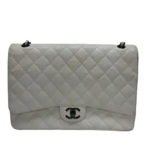 Pre-owned CHANEL Leather Shoulder Bags White Lambskin Double Flap Jumbo Shoulder Bag IB26050153