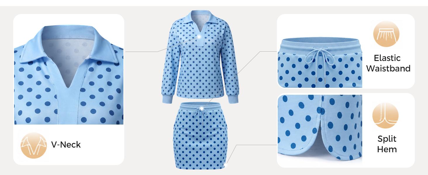 Fisoew Women's 2 Piece Polka Dot Outfit Adjustable Breathable Comfortable Drawstring Fabric Long Sleeve Polo Top & Mini Skirt Casual Loungewear Tracksuit #Summerwins #DealsForYouDays