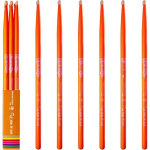 Orange Color Neon UV Glow Drumsticks 5A - 3 Pairs (6 Sticks), Hickory , Weight and Pitch Matched for Balanced Feel, Glows under Black Light for Stage Performance