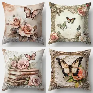 Butterfly & Flower Pattern Cushion Cover, 4 Counts/set Square Throw Pillow Cover, Household Decoration Supplies for Home Living Room Bedroom