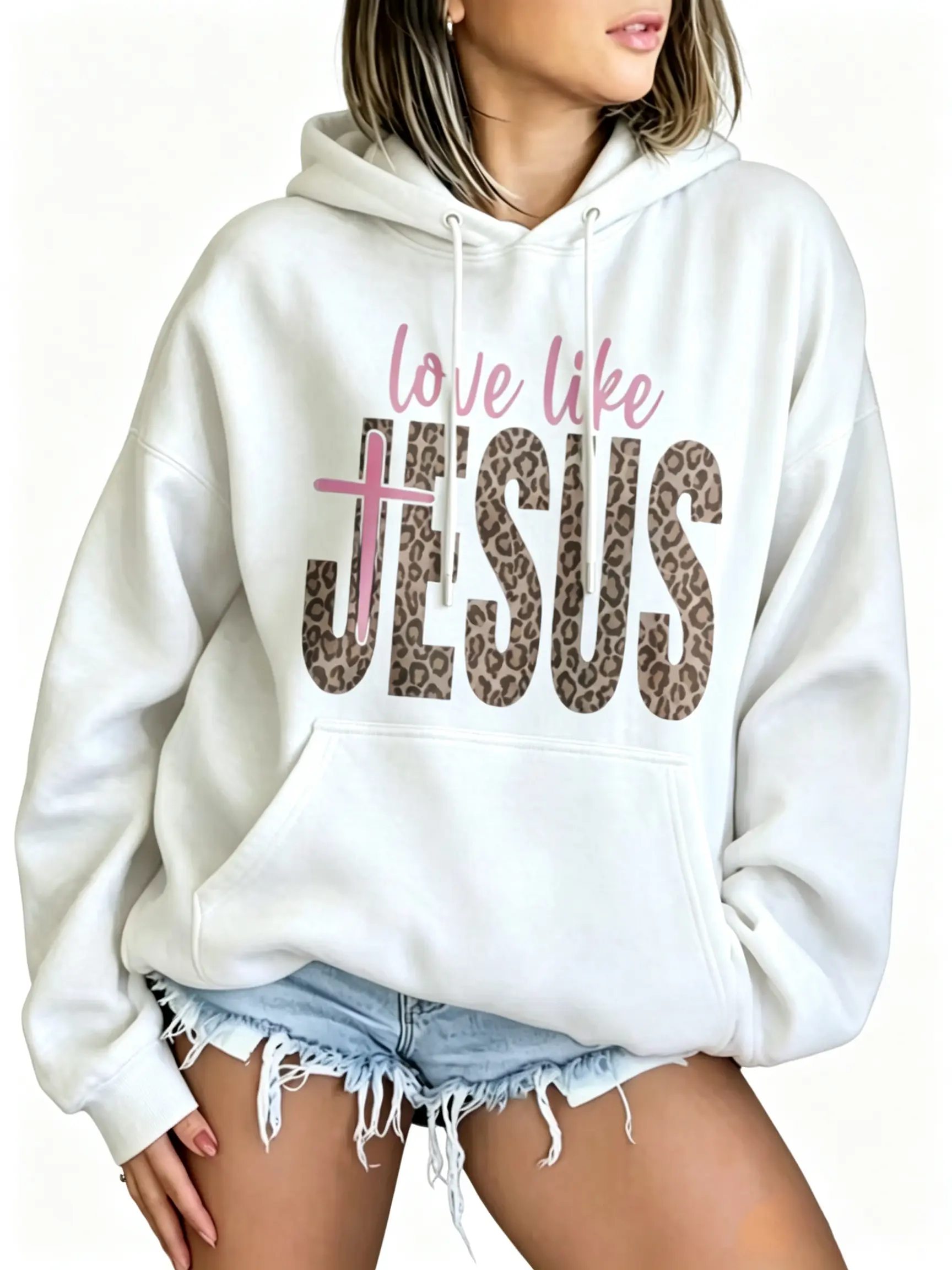 Women's Long-Sleeve Oversized Cotton-Blend Hoodie, Leopard Print Love Message Christian Faith Sweatshirt, Cute Look Religious Inspirational Pullover, Fall Casual Church Outfit Top