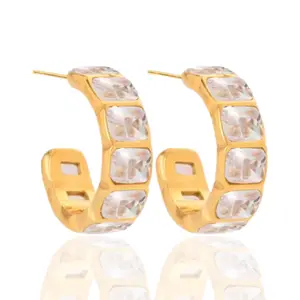 CORONÉ Rectangle Bezel C Hoop Earrings for Women Hypoallergenic Tarnish-Free Waterproof