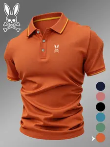 Men's Geometric Print Rabbit Skull Polo Shirt, Fitted Casual Style, Breathable and Comfortable, All-Season Wear, High-Quality Durable Polo Top, Casual Polo Shirts
