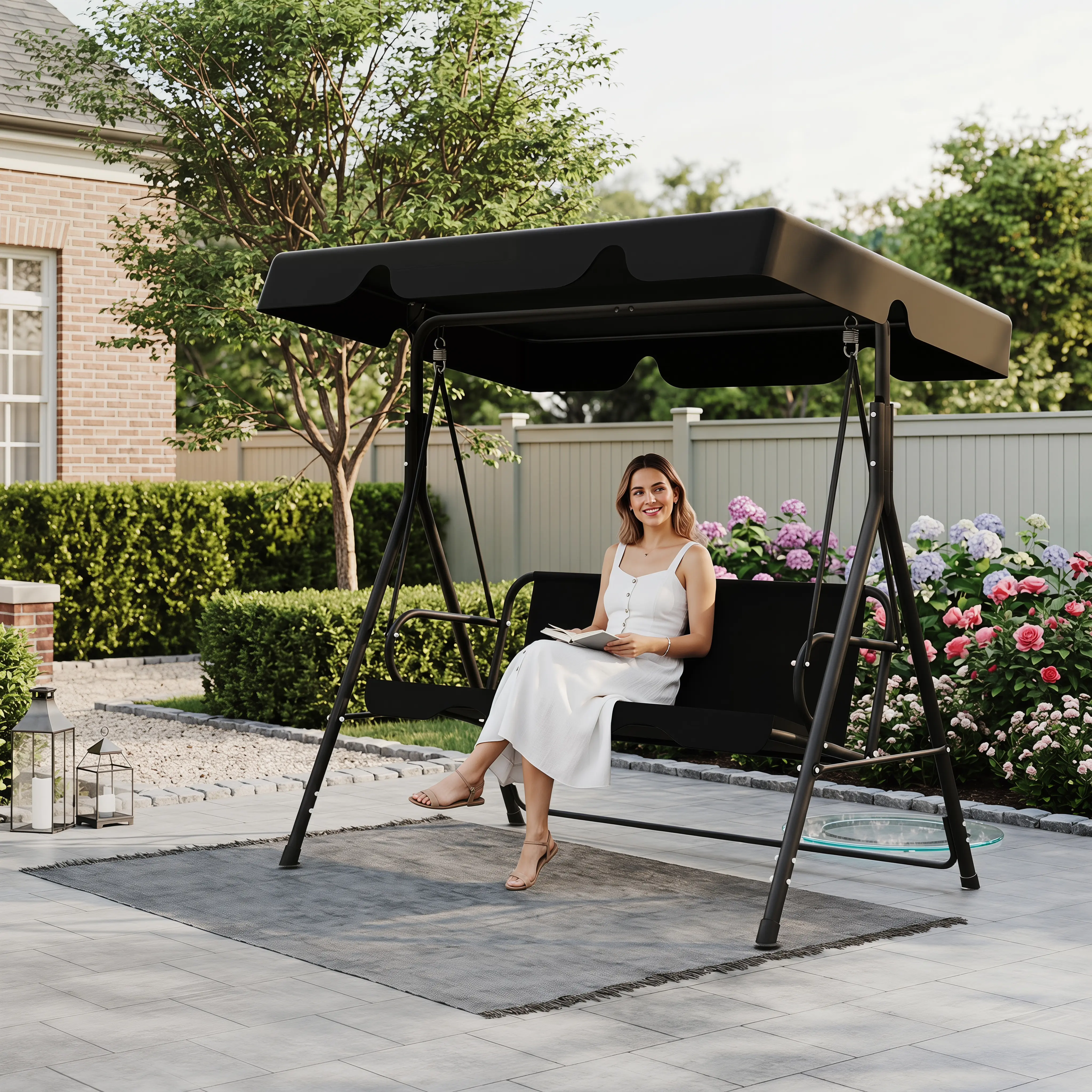 MGO 3-Seat Glider Patio Swing - Outdoor Patio Furniture Set with Removable Cushion, Adjustable Powder-Coated Canopy, Black Outdoor Furniture for Garden, Backyard (Powder-Coated Canopy Swings)