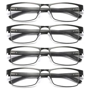 4 PK Mens Rectangular Blue Light Blocking Reading Glasses Spring Hinge Readers Clear Lens Anti Eyestrain +0.75 to +4.00 Strength