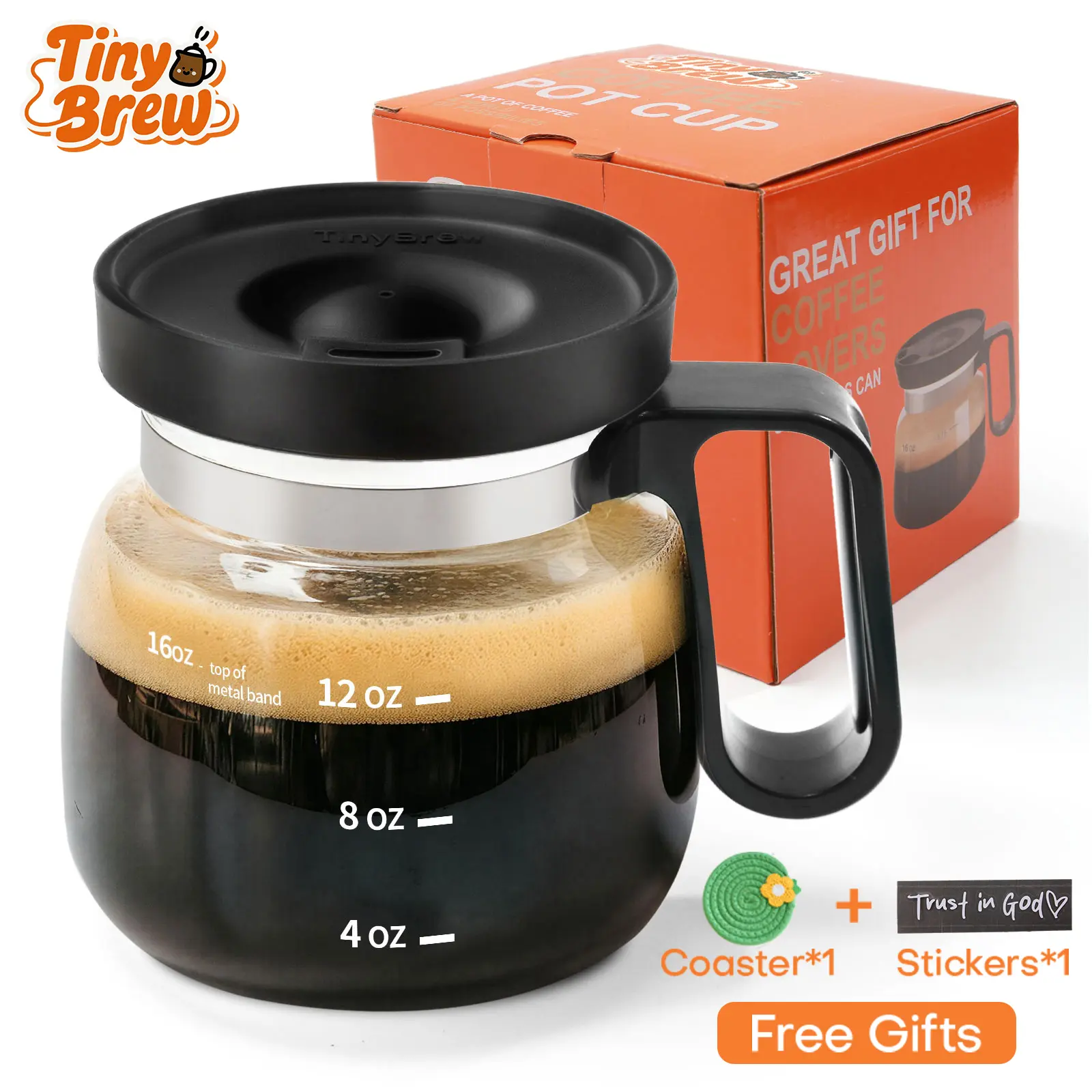 Tiny Brew Coffee Mug with Lid 16oz Glass Creative Cup, Coffee Lovers' Top Choice, Dimensions: 4.9inches tall, 3.8 inches wide, Includes Coaster, Ergonomic Handle Design, a little surprise for your loved one,deals for you,mid year sale