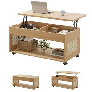 Sikaic 2-in-1 Lift-Top Rattan Coffee Table with Wheels, Hidden Compartment and Large Storage Shelf Natural Color