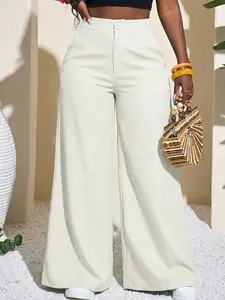 Women's Flowy Linen Palazzo Pants Summer Loose Fit Wide Leg Beach Trousers With Pocket Casual Solid Color Soft Synthetic Silk Elastic High Waist Lounge Pants Elegant and Minimalist Travel Vacation Bottoms Date Brunch Home Work Streetwear Cooling Outfit