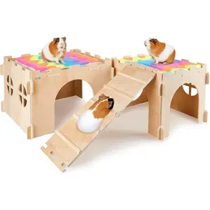 Pig Hideout, Guinea Pig House with Stairs and Mats Extra Large Guinea Pig Castle Detachable Hideouts for Small Animals Wooden Guinea Pig Habitats with Multiple Doors and Windows