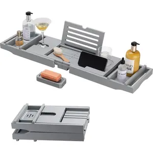 Bathtub Caddy Tray Foldable Bamboo Bath Table Tray with Book and Wine Glass Holder, Expandable Bathroom Accessories