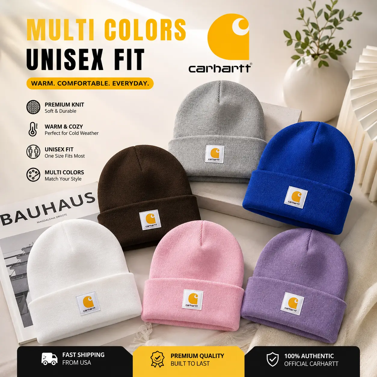 Carhartt Beanie Hat Unisex Knit Cap – Watch Cap Cuffed Winter Hat for Men & Women, Multi Color Options, Warm Soft Stretch Knit Skull Cap, Classic Workwear Streetwear Style, Outdoor Cold Weather Gorro, Everyday Casual Fashion