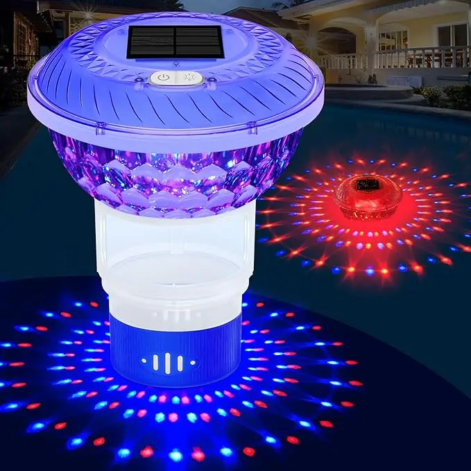Summer Spring Gift Solar Chlorine Floater with Colorful Light Show, Button Control Pool Chlorines Floaters, Chlorine Floater with Adjustable Release, Easy Opening Floating chlorines Dispenser for Pool, Hot Tub