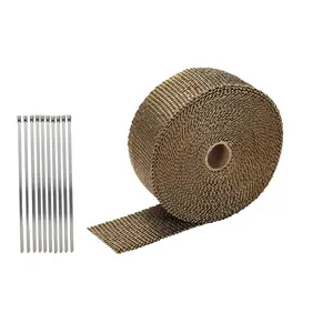 Exhaust Heat Wrap Roll Fiberglass Heat Shield Header Wrap Tape with 10pcs Self-Locking Stainless Steel Zip Ties for Motorcycle Car Truck (Golden-16.4ft/5M)