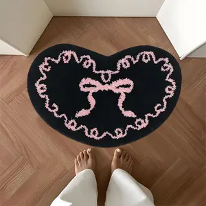 Cute Heart Shaped Bath Mat with Bow Design, Plush Absorbent Bathroom Rug for Modern Minimalist Home Decor, Soft Comfortable Area Rug for Bathroom Bedroom and Entryway, Fluffy Rug