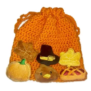 Plushie Thanksgiving Crochet Bag with Drawstring for the Holidays Purse Accessories Featuring Pumpkin Pilgrim Hat and Pie