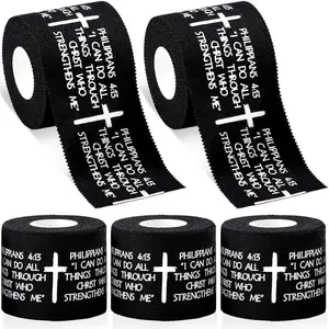 5Pcs Christian Athletic Tape (2in x 23ft, Black) - Cotton Zinc Oxide Sport Tape with Faith Cross/Bible Verse, Wrist Support for Football/Baseball/Gymnastics/Boxing, First Aid Injury Wrap christian church gift lamine  yamal  wrist  tape