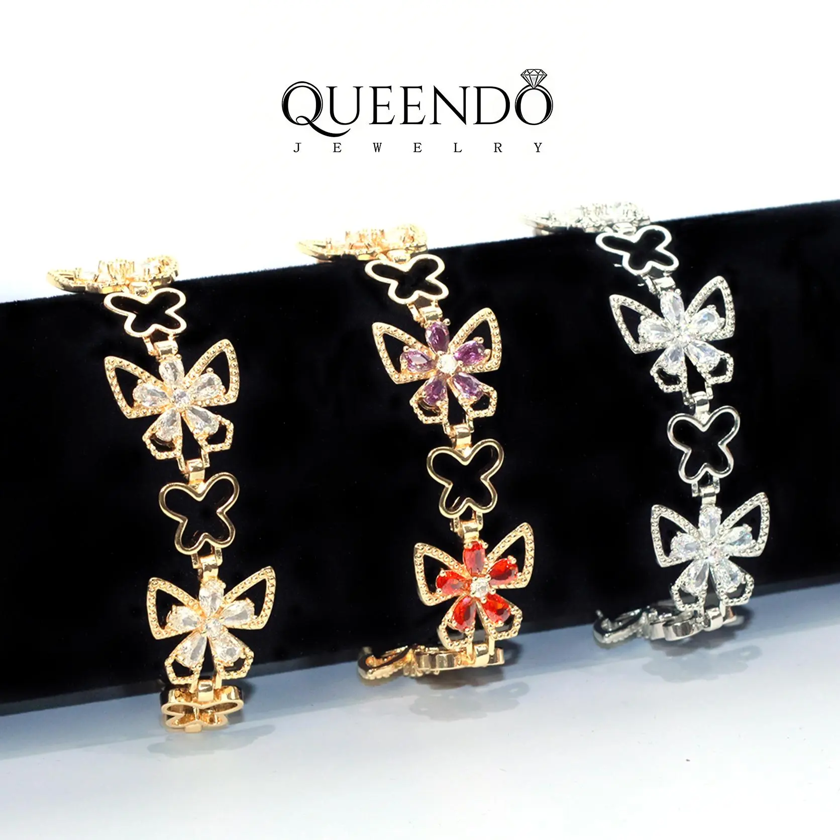 Gold Plated Butterfly Bracelet for Females, Dainty Rhinestone Link Chain with Adjustable Dimensions, Hypoallergenic Jewelry for Everyday Wear