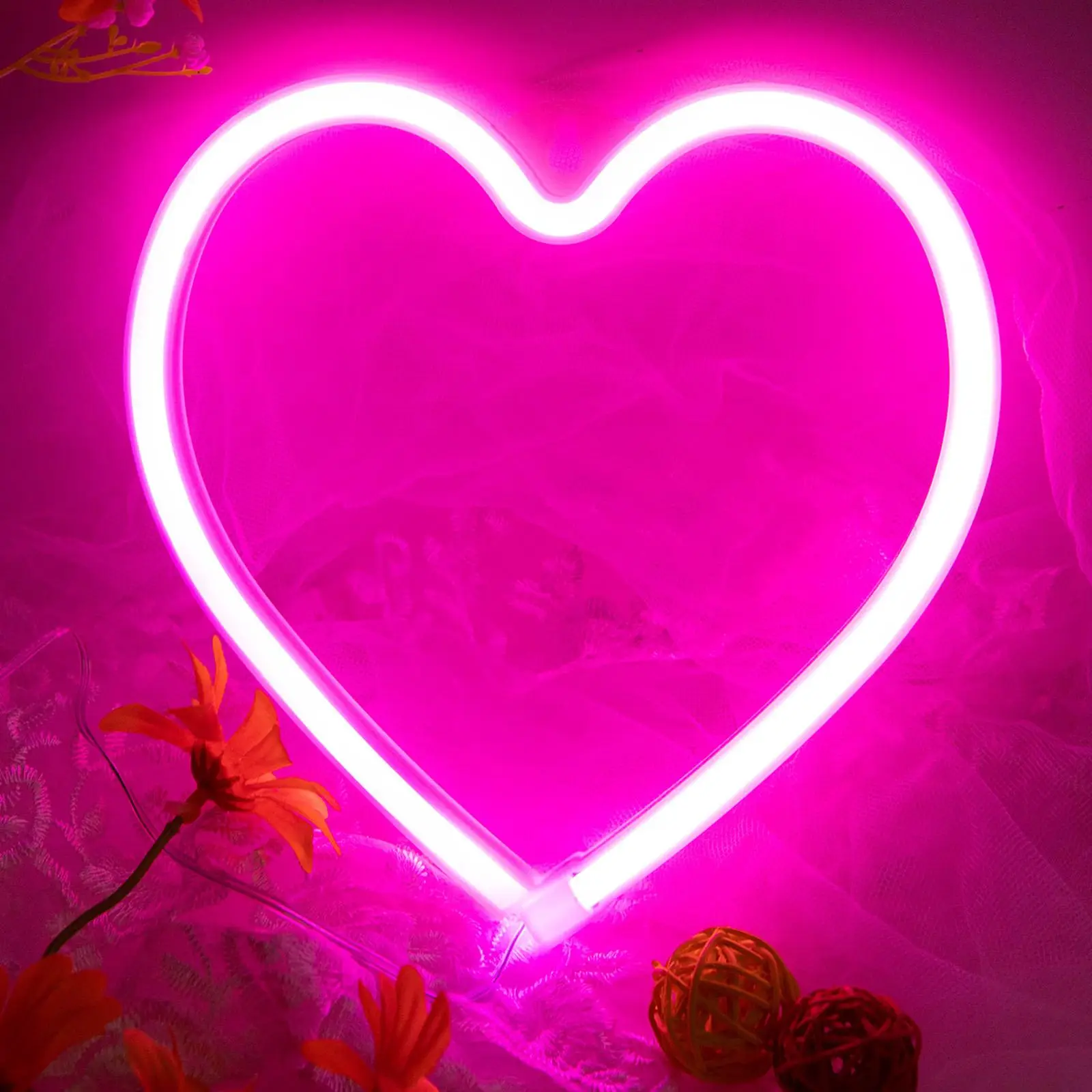 Valentine's Day Romantic Ornaments, 1 Count Heart Shaped LED Neon Light Sign for Dressers for Bedroom, Battery/USB Powered Neon Light, Decorative Neon