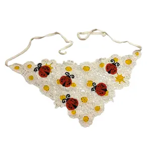 Ladybug Crochet Kerchief | Knit Tie Boho Headscarf in Cream and Red