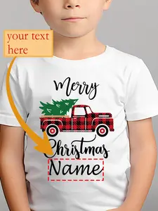 Christmas Boy's T-shirt Name Customization Christmas Happy Letter Christmas Tree and Truck Pattern Printing Trendy Comfortable Round Neck Short Sleeve Top (3-13Y)