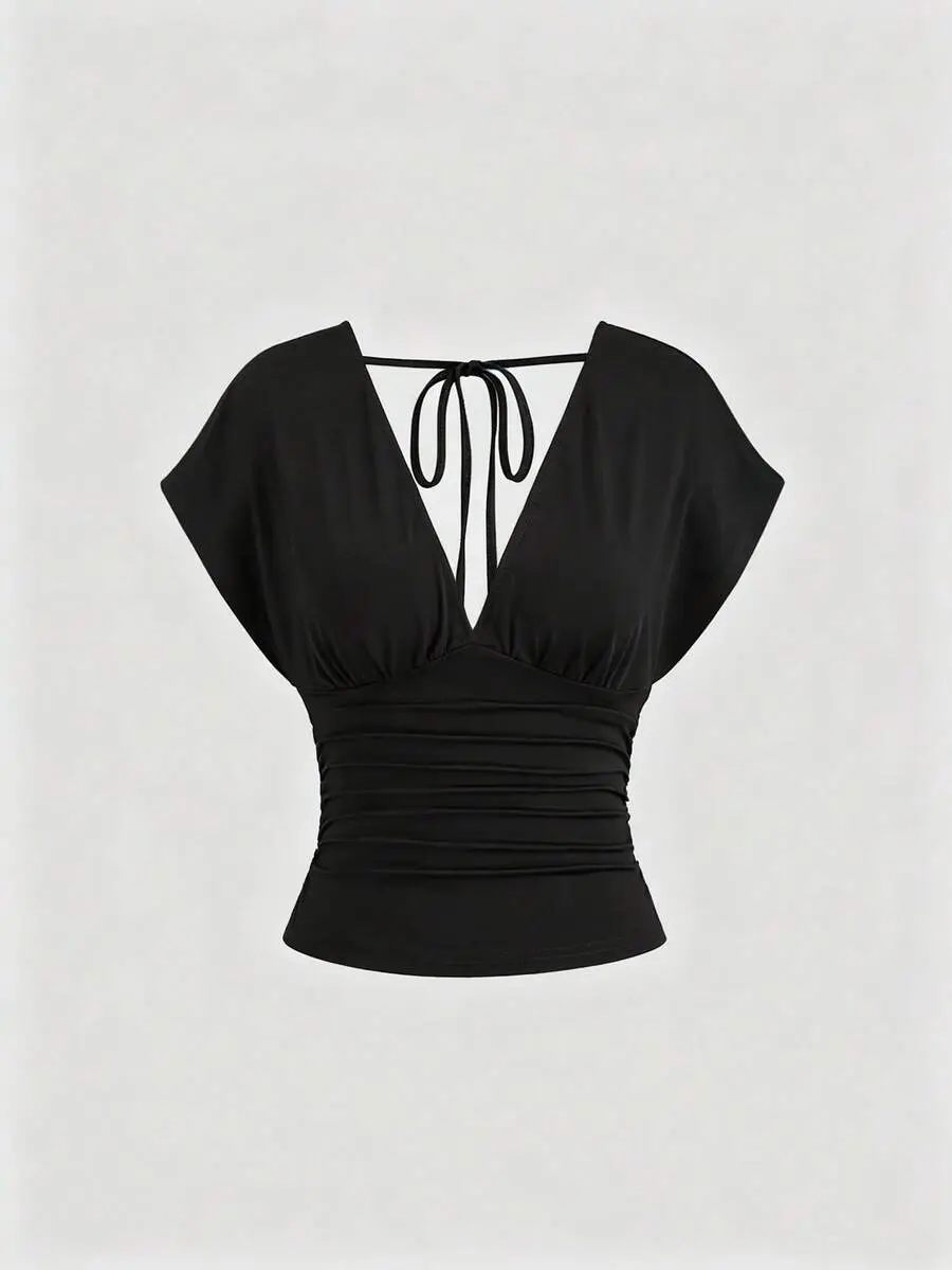 NEW Women's New Fashion Versatile Knit Front And Back Deep V-Neck 2-Way Wear T-Shirt, Cinched Waist, Ruched Back Tie, Shoulder Sleeve, Top Top