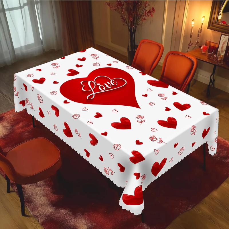 Valentine's Day Tablecloth Set Romantic Heart & Rose Pattern Embossed Edge 100% Polyester Machine-Woven Round & Square Covers for Home Kitchen Patio Solid Color Love Theme Decor