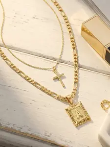 14K Gold Plated Double-Layer Initial Cross Necklace, A-Z Letter Square Charm Pendant Figaro Chain, Fashion Cross Pendant, Hypoallergenic, Waterproof, Stackable Personalized Jewelry, Elegant Everyday Religious Gift #Perfect Gift for Him/Her