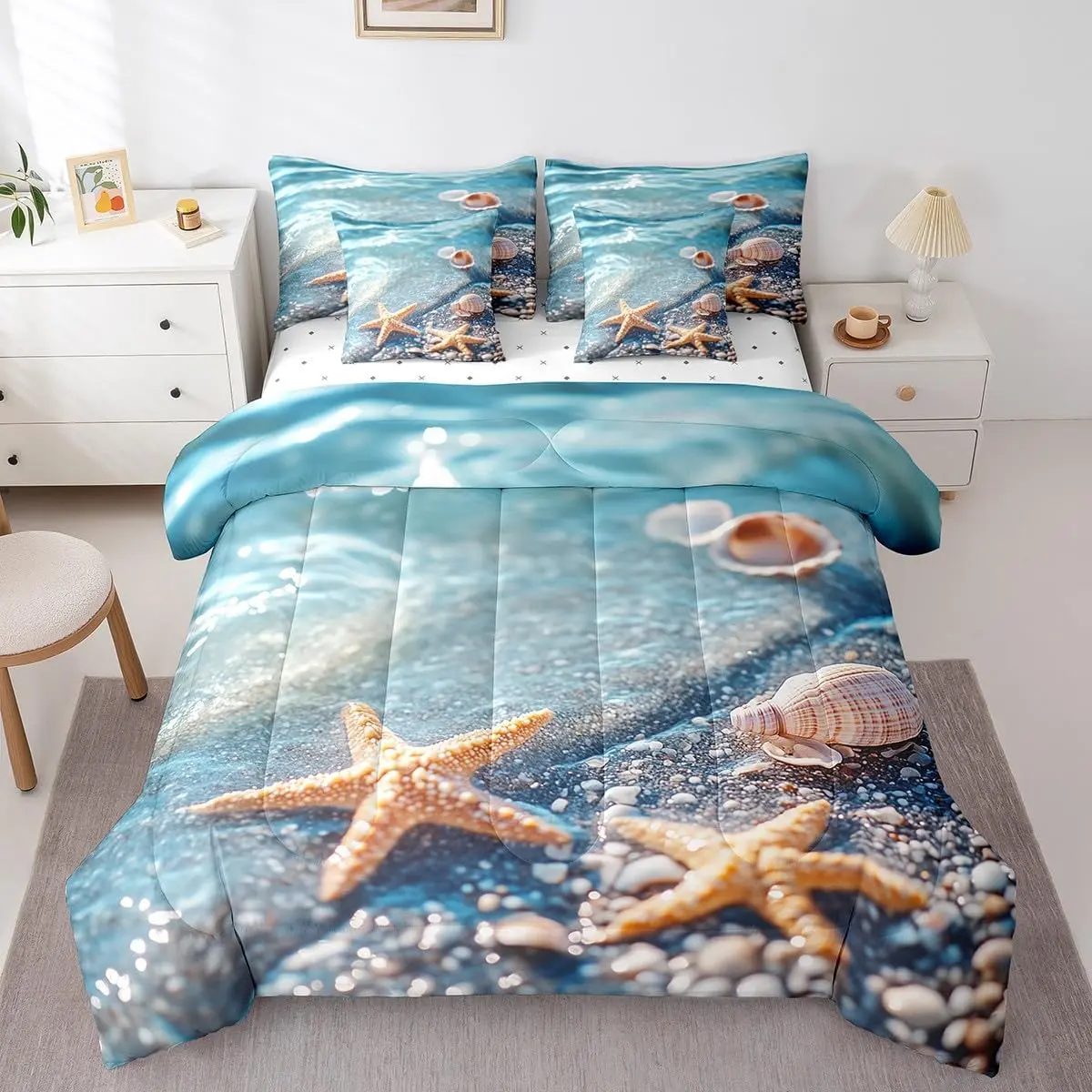 Beach Theme Comforter Set 7 Pcs Starfish Seashell Conch Ocean Sea Coastal Nature Pattern Bedding Set Summer Holiday Bed in a Bag with Comforter,Sheets,Pillowcases & Cushion Cover
