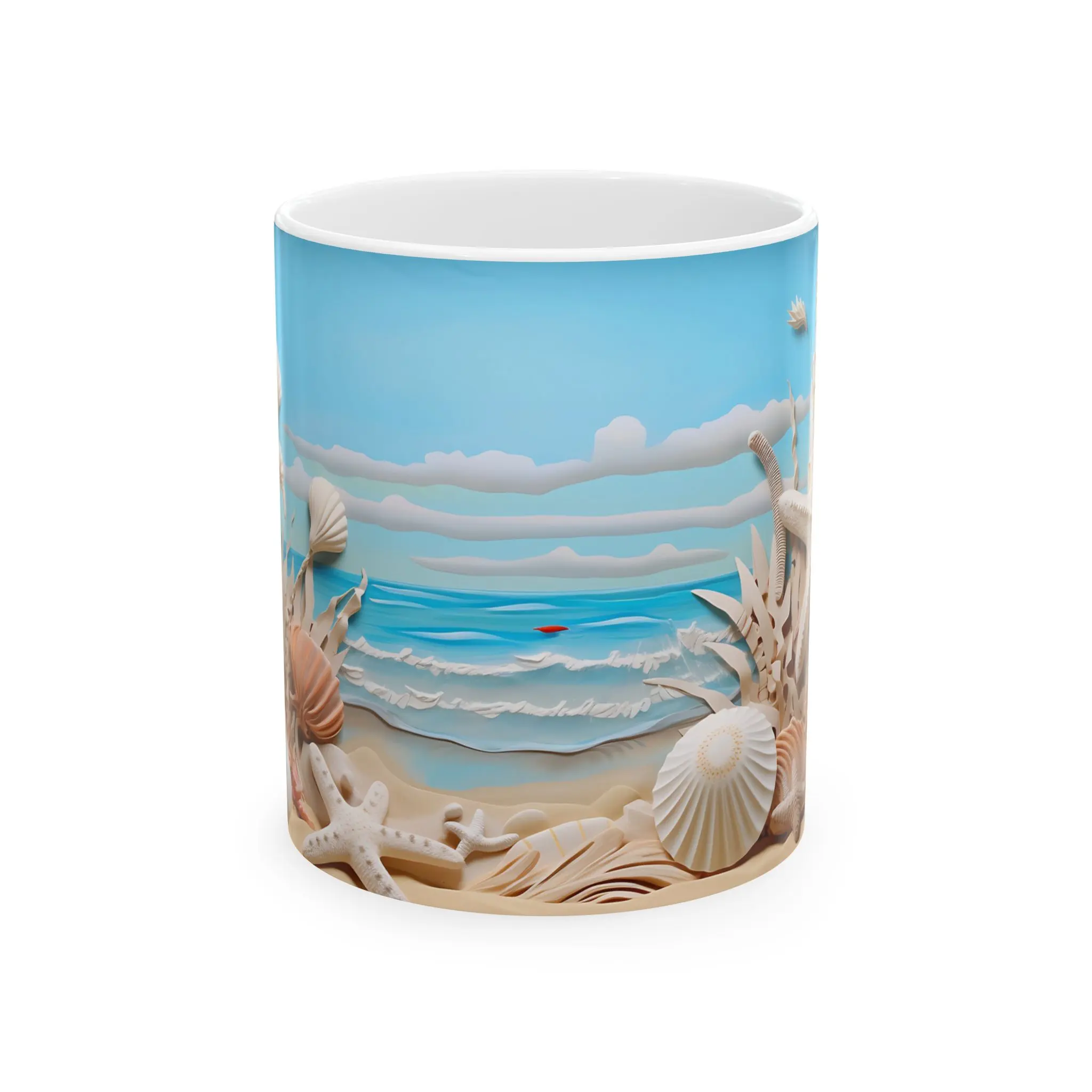 Beach-Themed Ceramic Mug with Seashells, Ocean Decor Mug, Gift for Beach Lovers, Coastal Kitchenware, Summer Vibes Coffee Cup Drinkware Glossy