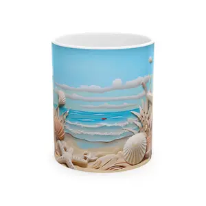 Beach-Themed Ceramic Mug with Seashells, Ocean Decor Mug, Gift for Beach Lovers, Coastal Kitchenware, Summer Vibes Coffee Cup Drinkware Glossy