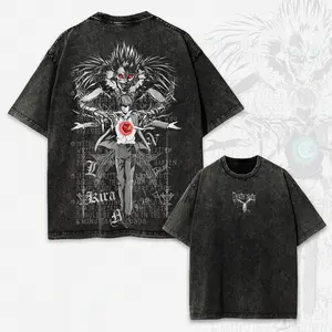 Men's Cotton Death Note Ryuk & Light Graphic Short-Sleeve T-Shirt - Distressed Vintage Oversized Round Neck Casual Anime Streetwear Top, Menswear Father's Day Gift