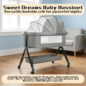 Baby Bassinet Bedside Sleeper for Baby, Baby Crib Bed for Newborn Infant, Bedside Bassinet with Wheels, 5 Adjustable Height, Mosquito Net, Breathable Mattress and Mesh, Storage Basket and Bag
