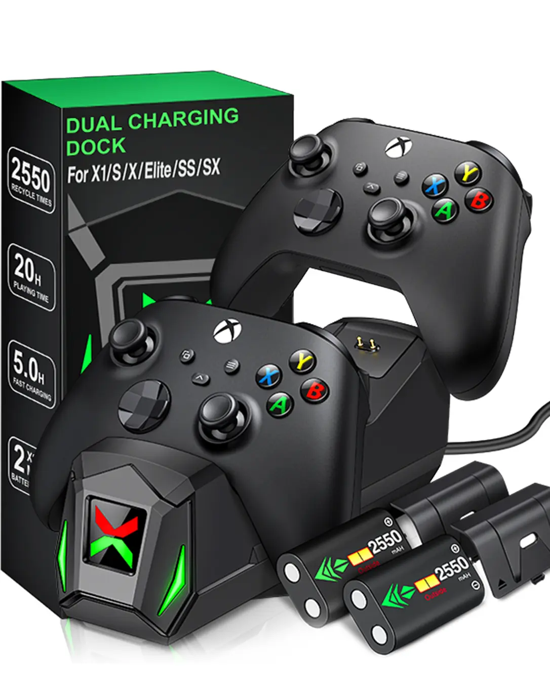 Xbox Controller Charging Station with 2x2550mAh Ni-MH Rechargeable Batteries, 4 Battery Covers, X-Shape LED Charge Status, 1x2.62ft USB-C Cable, 18-25hr Playtime – Gaming Items for Xbox 1/Series X|S Console Accessories