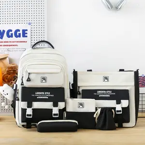 5Pcs Black & White School Backpack Set for Teens, Aesthetic Student Bookbag with Tote Bag, Pencil Case & Accessories, Lightweight Daypack for Girls